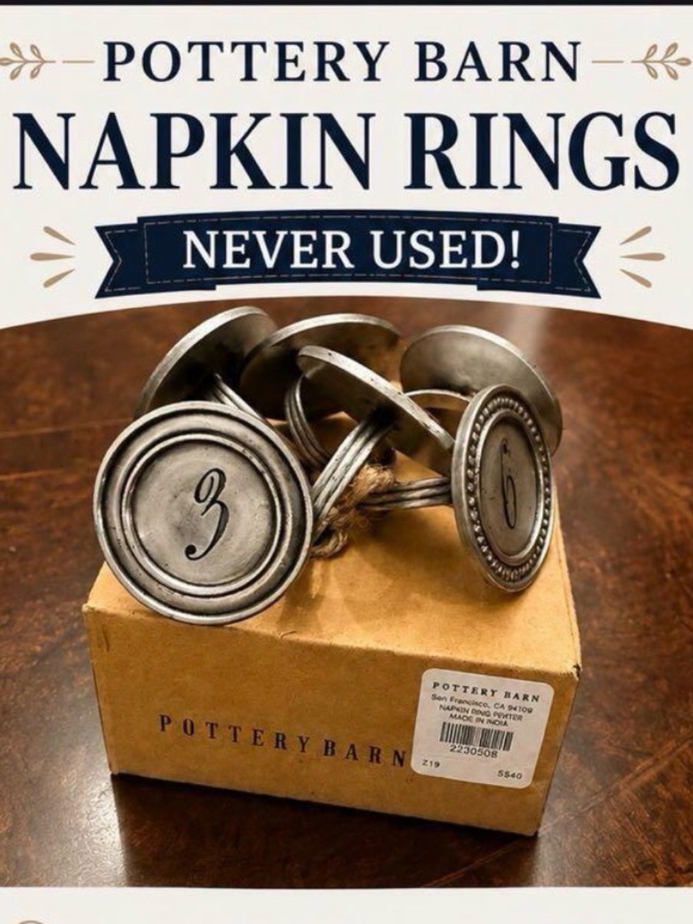 Pottery Barn Pewter Tone Napkin Rings - Metallic Silver Set of 6